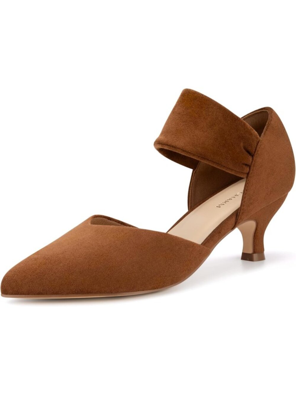 〽️Women Brown Suede Kitten Heels Closed Toe Ankle Strap Low Pumps Slip On Shoes